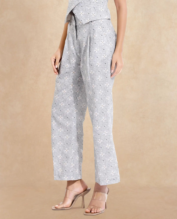 Rareism Women Kuzal Light Grey  Straight Fit Ankle Length Floral Print Trouser