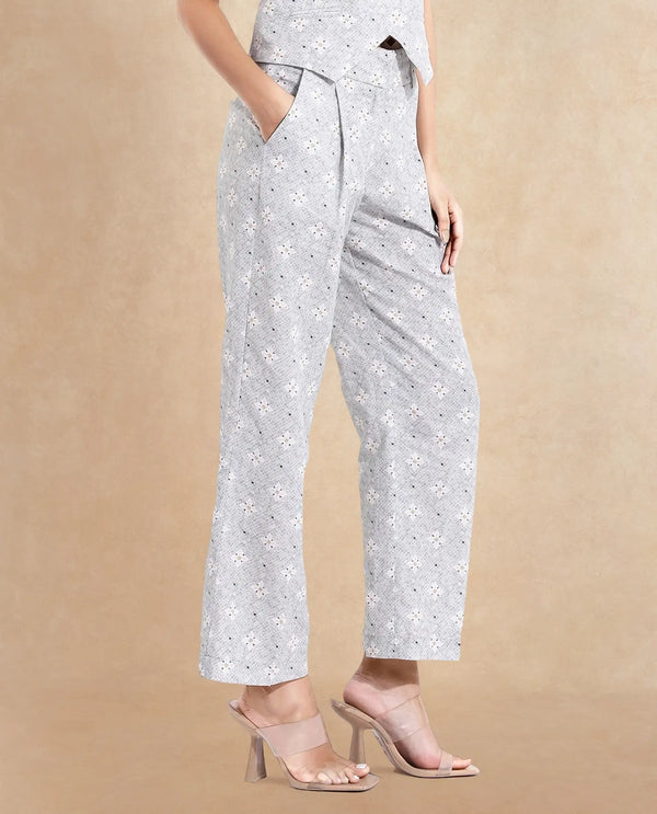 Rareism Women Kuzal Light Grey  Straight Fit Ankle Length Floral Print Trouser