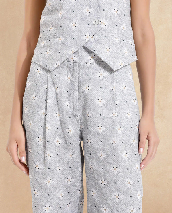 Rareism Women Kuzal Light Grey  Straight Fit Ankle Length Floral Print Trouser