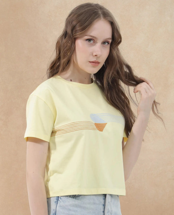 Rareism Women Kuncro Yellow Cotton Elastane Fabric Crew Neck Knit Solid T-Shirt