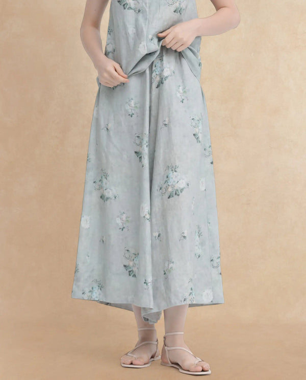 Rareism Women Kyul-B Dusky Green Cotton Fabric Drawstring Closure Flared Fit Floral Print Ankle Length Trousers