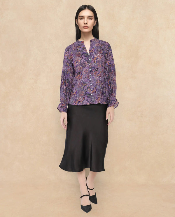 Rareism Women Lafia Multi Viscose Fabric Lantern Sleeve V-Neck Button Closure Paisley Print Top