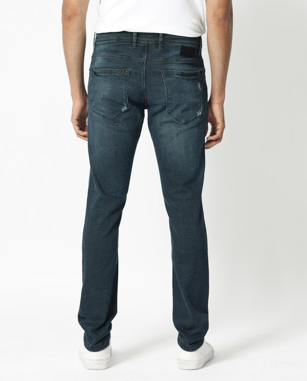 Rare Rabbit Men's Laiden Blue Mid Wash Mid-Rise Mild Distress Slim Fit Jeans