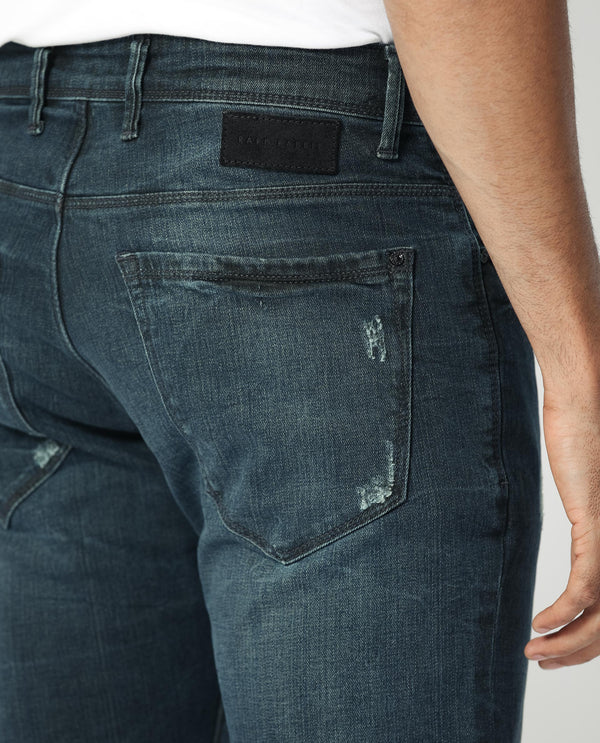 Rare Rabbit Men's Laiden Blue Mid Wash Mid-Rise Mild Distress Slim Fit Jeans