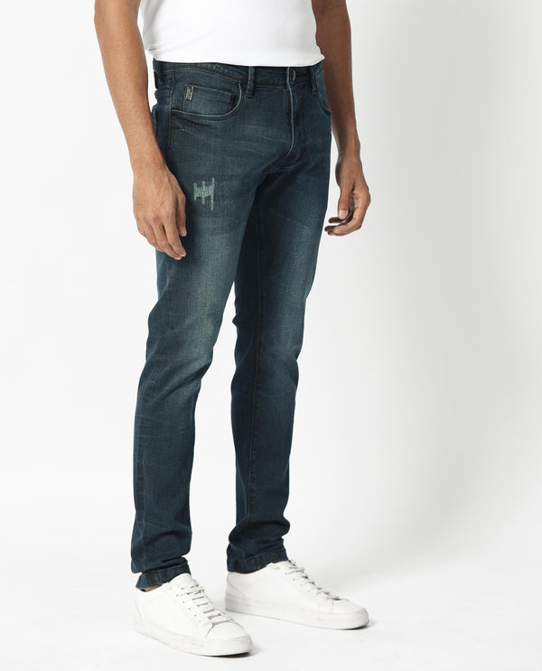 Rare Rabbit Men's Laiden Blue Mid Wash Mid-Rise Mild Distress Slim Fit Jeans