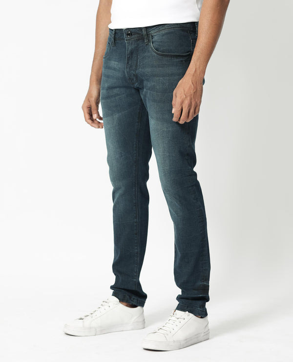 Rare Rabbit Men's Laiden Blue Mid Wash Mid-Rise Mild Distress Slim Fit Jeans