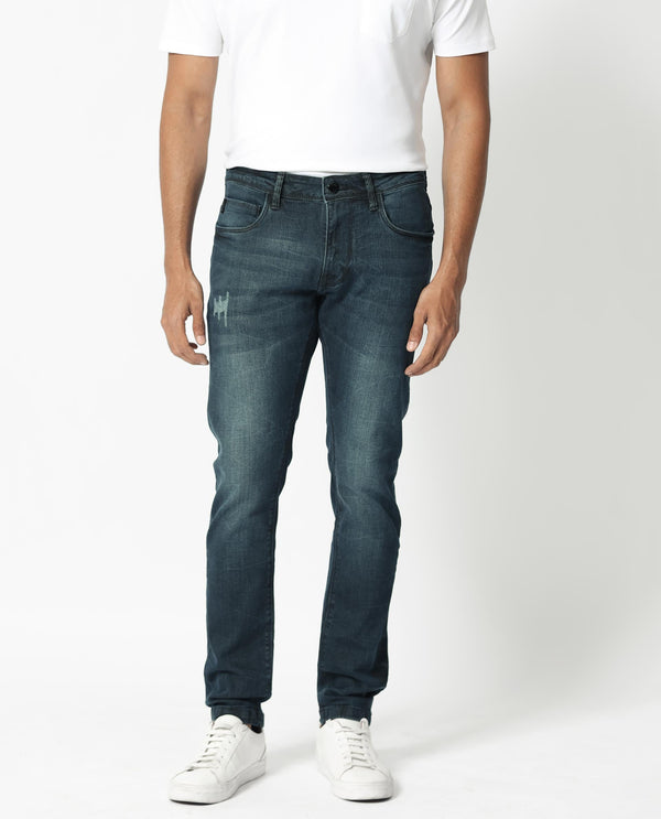 Rare Rabbit Men's Laiden Blue Mid Wash Mid-Rise Mild Distress Slim Fit Jeans