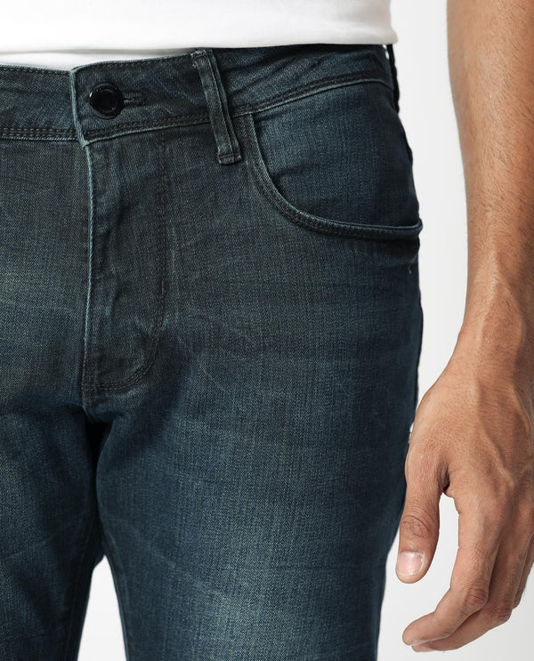 Rare Rabbit Men's Laiden Blue Mid Wash Mid-Rise Mild Distress Slim Fit Jeans