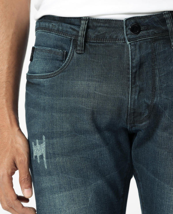 Rare Rabbit Men's Laiden Blue Mid Wash Mid-Rise Mild Distress Slim Fit Jeans