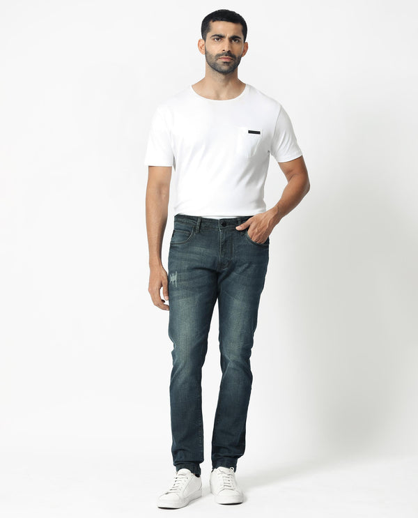 Rare Rabbit Men's Laiden Blue Mid Wash Mid-Rise Mild Distress Slim Fit Jeans