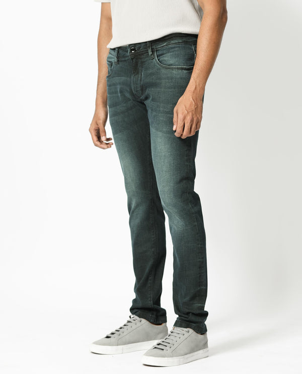 Rare Rabbit Men's Laiden Dusky Green Mid-Rise Mild Distress Regular Fit Jeans
