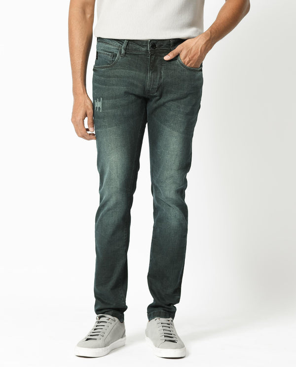 Rare Rabbit Men's Laiden Dusky Green Mid-Rise Mild Distress Regular Fit Jeans