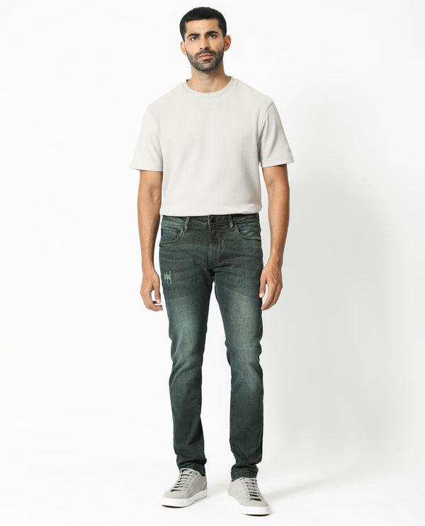 Rare Rabbit Men's Laiden Dusky Green Mid-Rise Mild Distress Regular Fit Jeans