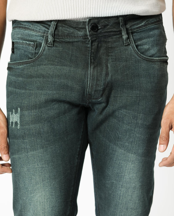 Rare Rabbit Men's Laiden Dusky Green Mid-Rise Mild Distress Regular Fit Jeans