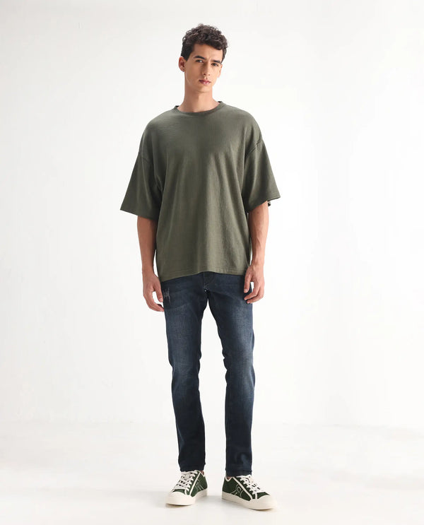 Rare Rabbit Men's Laiden Blue Mid Wash Mid-Rise Mild Distress Slim Fit Jeans