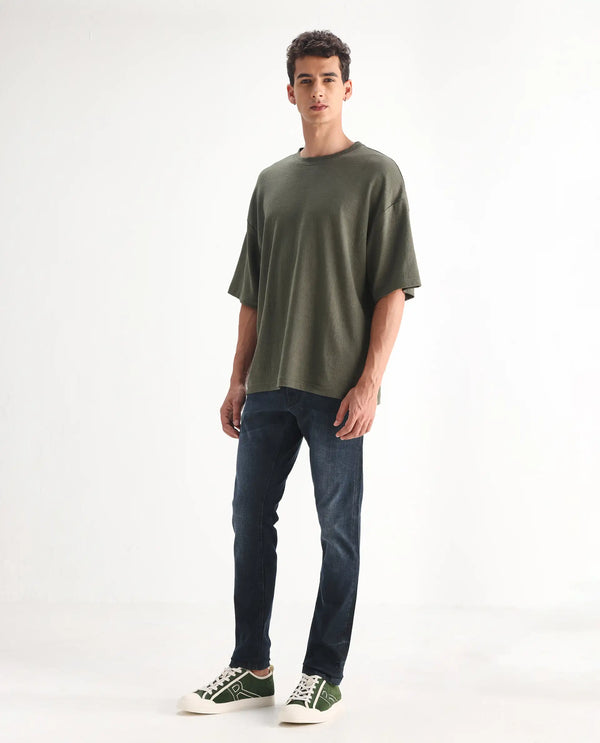 Rare Rabbit Men's Laiden Blue Mid Wash Mid-Rise Mild Distress Slim Fit Jeans