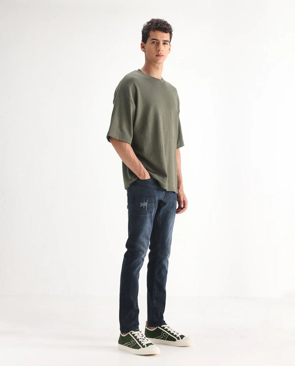Rare Rabbit Men's Laiden Blue Mid Wash Mid-Rise Mild Distress Slim Fit Jeans
