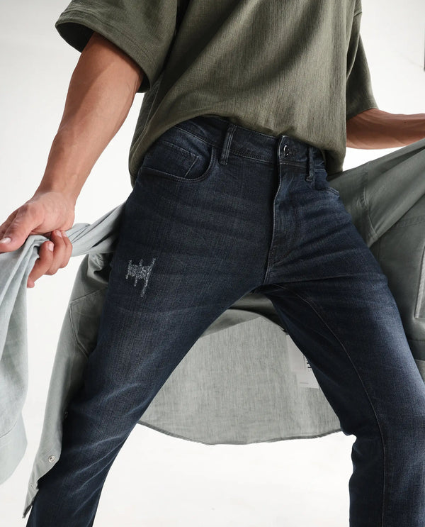 Rare Rabbit Men's Laiden Blue Mid Wash Mid-Rise Mild Distress Slim Fit Jeans