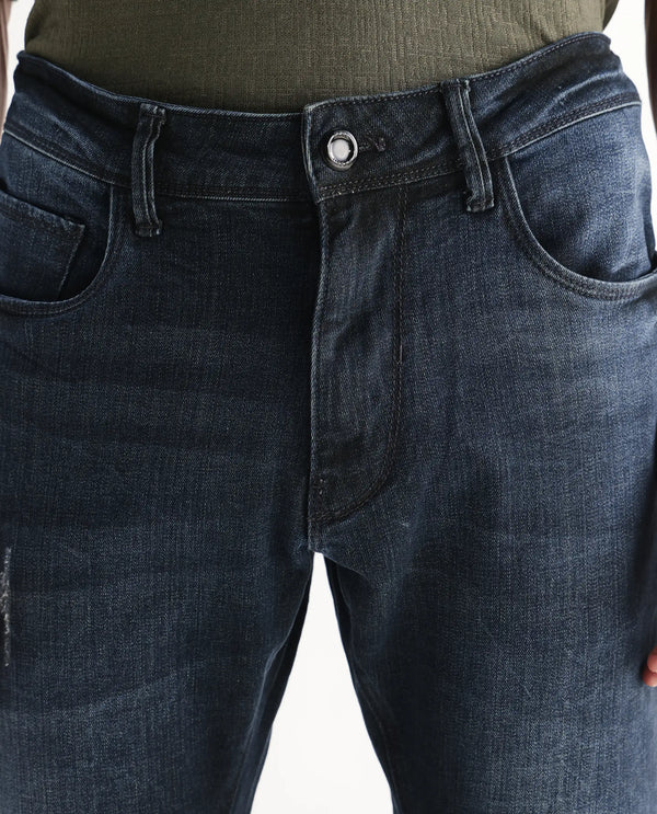 Rare Rabbit Men's Laiden Blue Mid Wash Mid-Rise Mild Distress Slim Fit Jeans