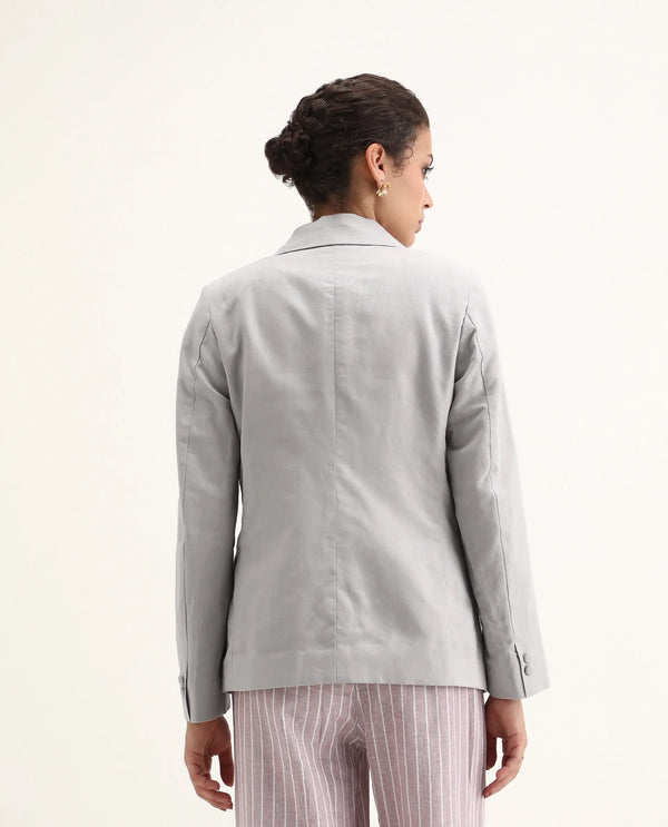 Rareism Women Laika Grey Full Sleeve Lapel Neck Button Plain Blazer