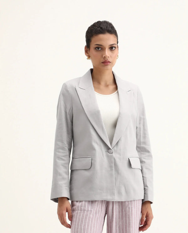 Rareism Women Laika Grey Full Sleeve Lapel Neck Button Plain Blazer