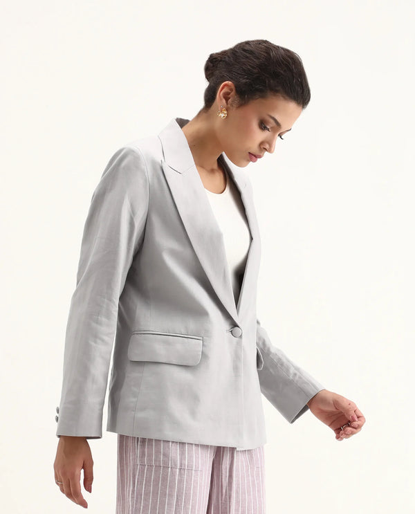 Rareism Women Laika Grey Full Sleeve Lapel Neck Button Plain Blazer