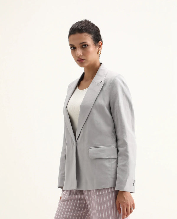 Rareism Women Laika Grey Full Sleeve Lapel Neck Button Plain Blazer