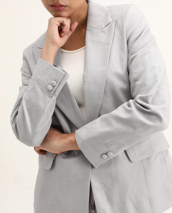 Rareism Women Laika Grey Full Sleeve Lapel Neck Button Plain Blazer