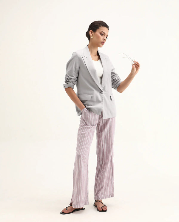 Rareism Women Laika Grey Full Sleeve Lapel Neck Button Plain Blazer