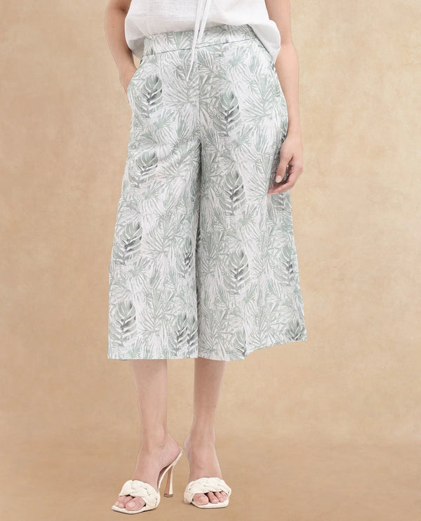 Rareism Women Lakar Off White Zipper Closure Flared Tropical Print Midi Trouser