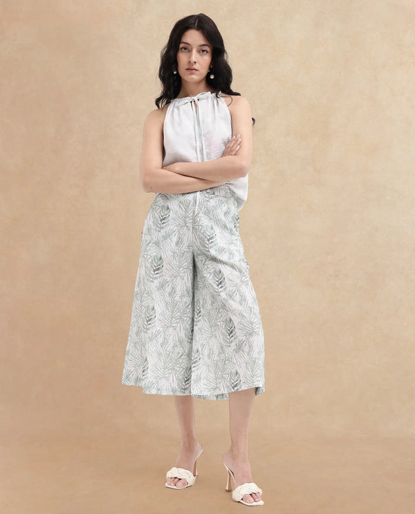 Rareism Women Lakar Off White Zipper Closure Flared Tropical Print Midi Trouser