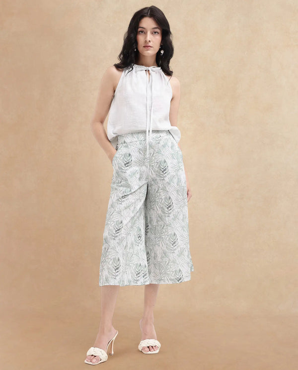 Rareism Women Lakar Off White Zipper Closure Flared Tropical Print Midi Trouser