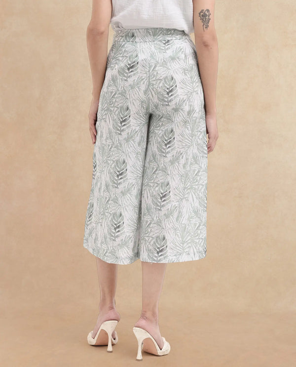 Rareism Women Lakar Off White Zipper Closure Flared Tropical Print Midi Trouser