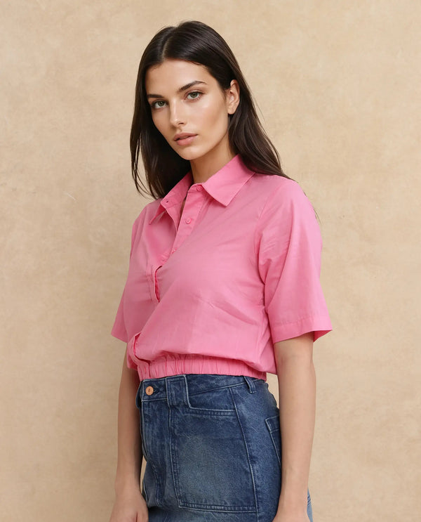 Rareism Women Lakeavi Pink Short Sleeve Collared Neck Button Closure Cropped Plain Top