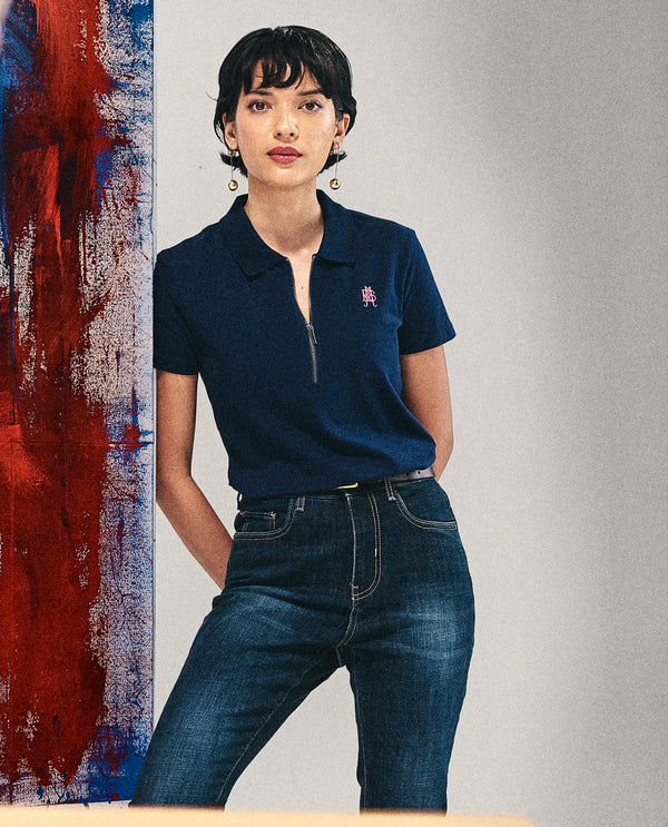 Rareism Women Laken Navy Cotton Lycra Fabric Short Sleeve Polo Collar Zipper Closure Plain Polo