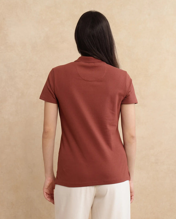 Rareism Women Laken Brown Cotton Lycra Fabric Short Sleeve Polo Collar Zipper Closure Plain Polo