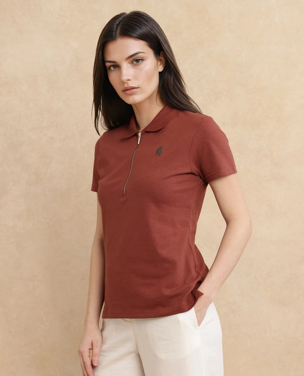 Rareism Women Laken Brown Cotton Lycra Fabric Short Sleeve Polo Collar Zipper Closure Plain Polo