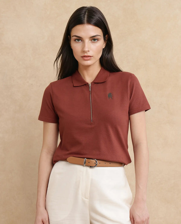 Rareism Women Laken Brown Cotton Lycra Fabric Short Sleeve Polo Collar Zipper Closure Plain Polo
