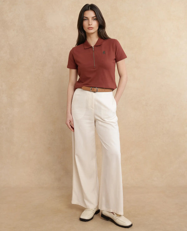 Rareism Women Laken Brown Cotton Lycra Fabric Short Sleeve Polo Collar Zipper Closure Plain Polo