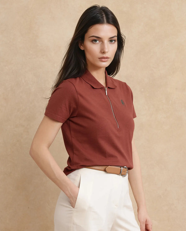 Rareism Women Laken Brown Cotton Lycra Fabric Short Sleeve Polo Collar Zipper Closure Plain Polo