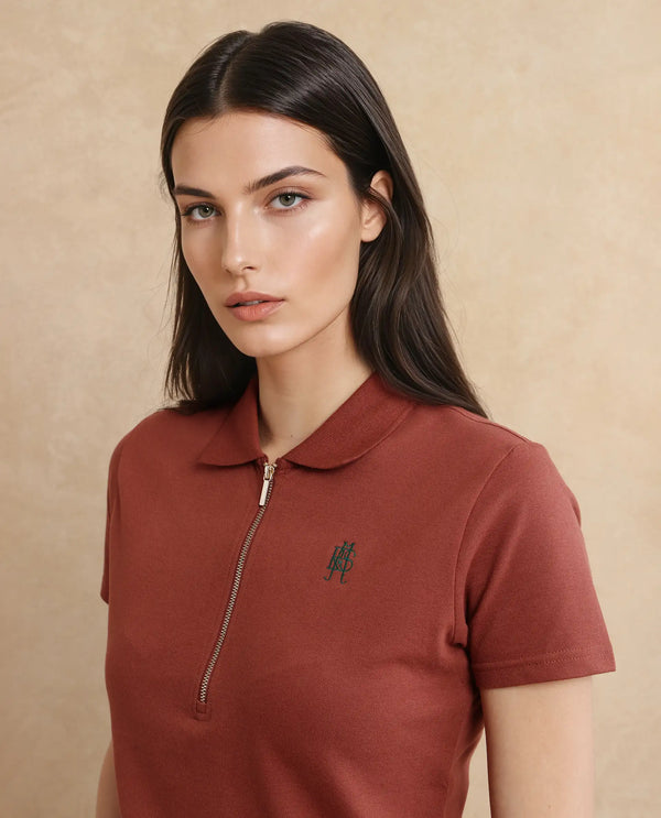 Rareism Women Laken Brown Cotton Lycra Fabric Short Sleeve Polo Collar Zipper Closure Plain Polo