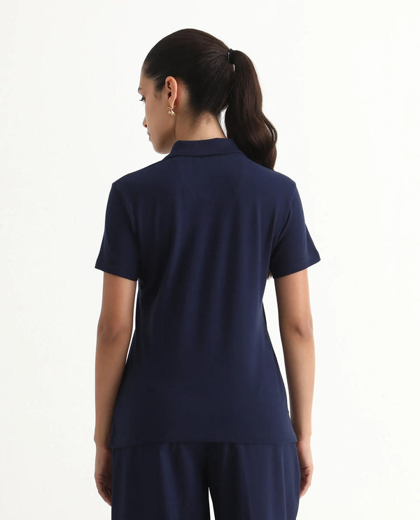 Rareism Women Laken Navy Cotton Lycra Fabric Short Sleeve Polo Collar Zipper Closure Plain Polo