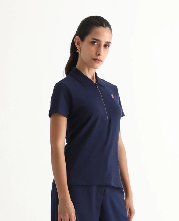 Rareism Women Laken Navy Cotton Lycra Fabric Short Sleeve Polo Collar Zipper Closure Plain Polo