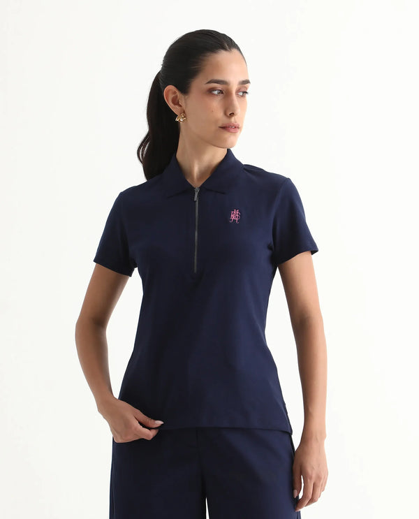 Rareism Women Laken Navy Cotton Lycra Fabric Short Sleeve Polo Collar Zipper Closure Plain Polo