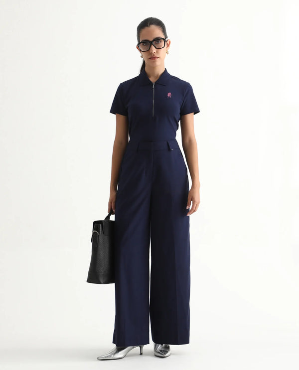 Rareism Women Laken Navy Cotton Lycra Fabric Short Sleeve Polo Collar Zipper Closure Plain Polo