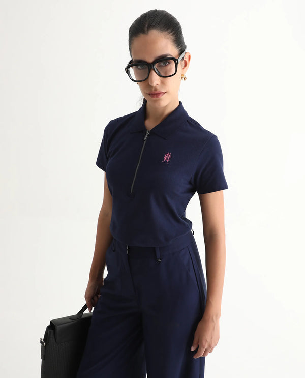Rareism Women Laken Navy Cotton Lycra Fabric Short Sleeve Polo Collar Zipper Closure Plain Polo