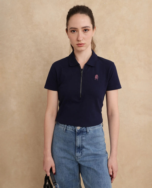 Rareism Women Laken Navy Cotton Lycra Fabric Short Sleeve Polo Collar Zipper Closure Plain Polo