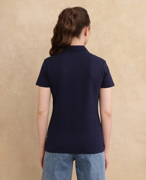 Rareism Women Laken Navy Cotton Lycra Fabric Short Sleeve Polo Collar Zipper Closure Plain Polo