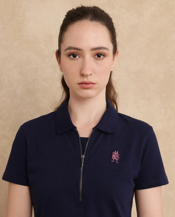 Rareism Women Laken Navy Cotton Lycra Fabric Short Sleeve Polo Collar Zipper Closure Plain Polo