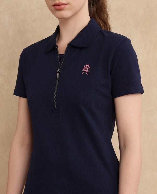 Rareism Women Laken Navy Cotton Lycra Fabric Short Sleeve Polo Collar Zipper Closure Plain Polo